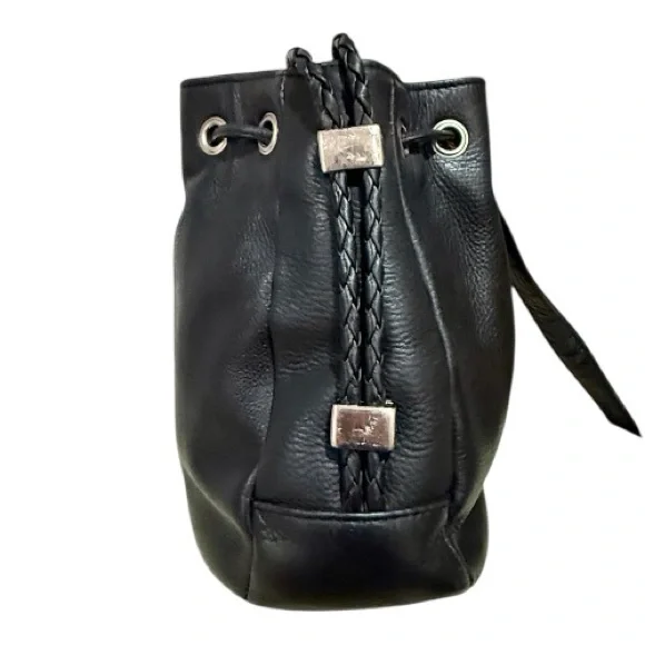 Valerie Stevens Black Leather Drawstring Bucket Crossbody Bag - Picture 5 of 11